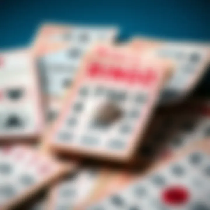 A detailed view of various bingo cards with unique patterns